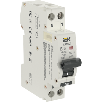 IEK ARMAT Автоматический выключатель дифференциального тока B06S 1P+NP B6 30мА тип A (18мм) - AR-B06S-1N-B06A030